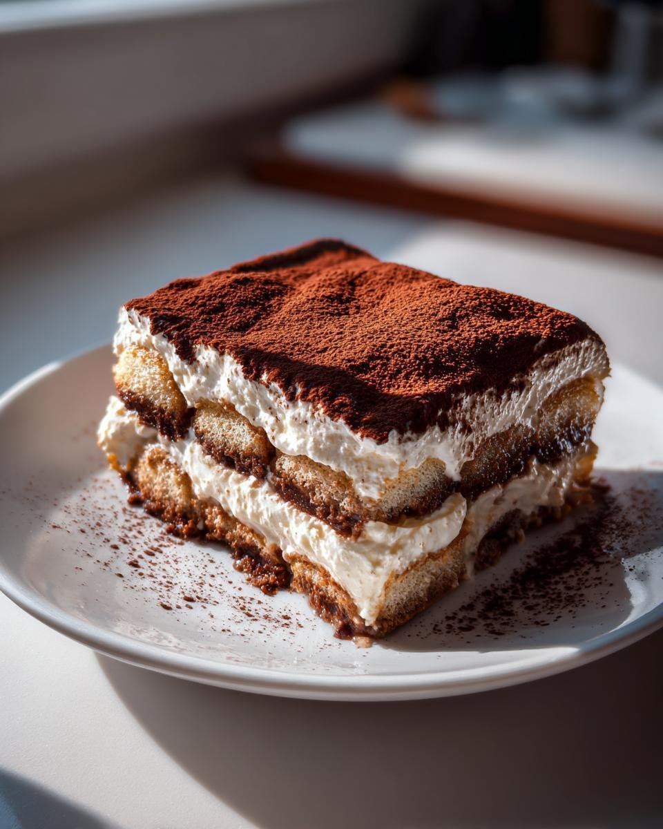 A decadent slice of Tiramisu, one of the most popular Italian Desserts, dusted heavily with cocoa powder.