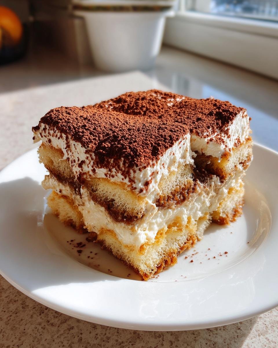 A perfect slice of layered Tiramisu, one of the most popular Italian Desserts, dusted heavily with cocoa powder.