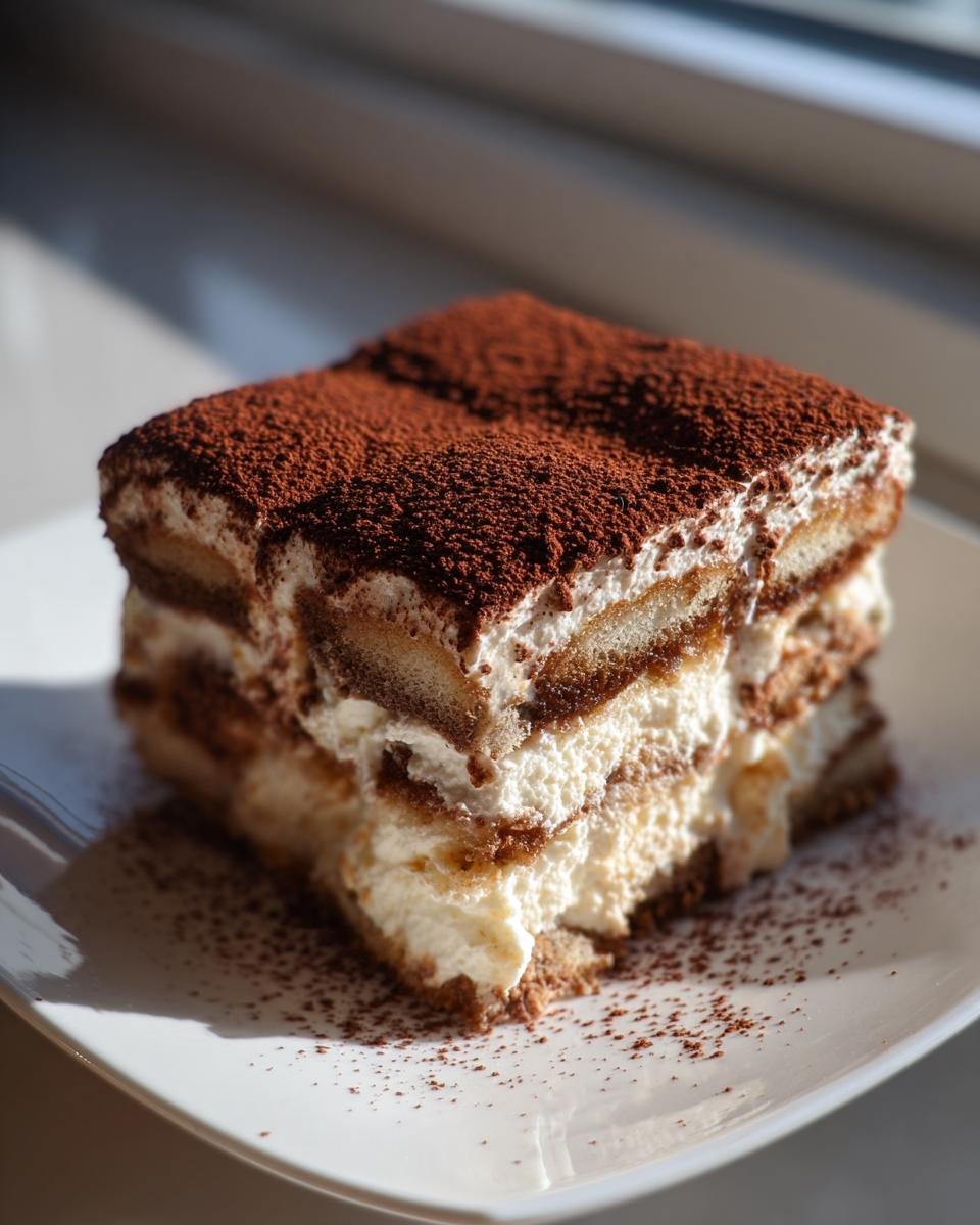 A rich, layered slice of Tiramisu, one of the most famous Italian Desserts, dusted heavily with cocoa powder.