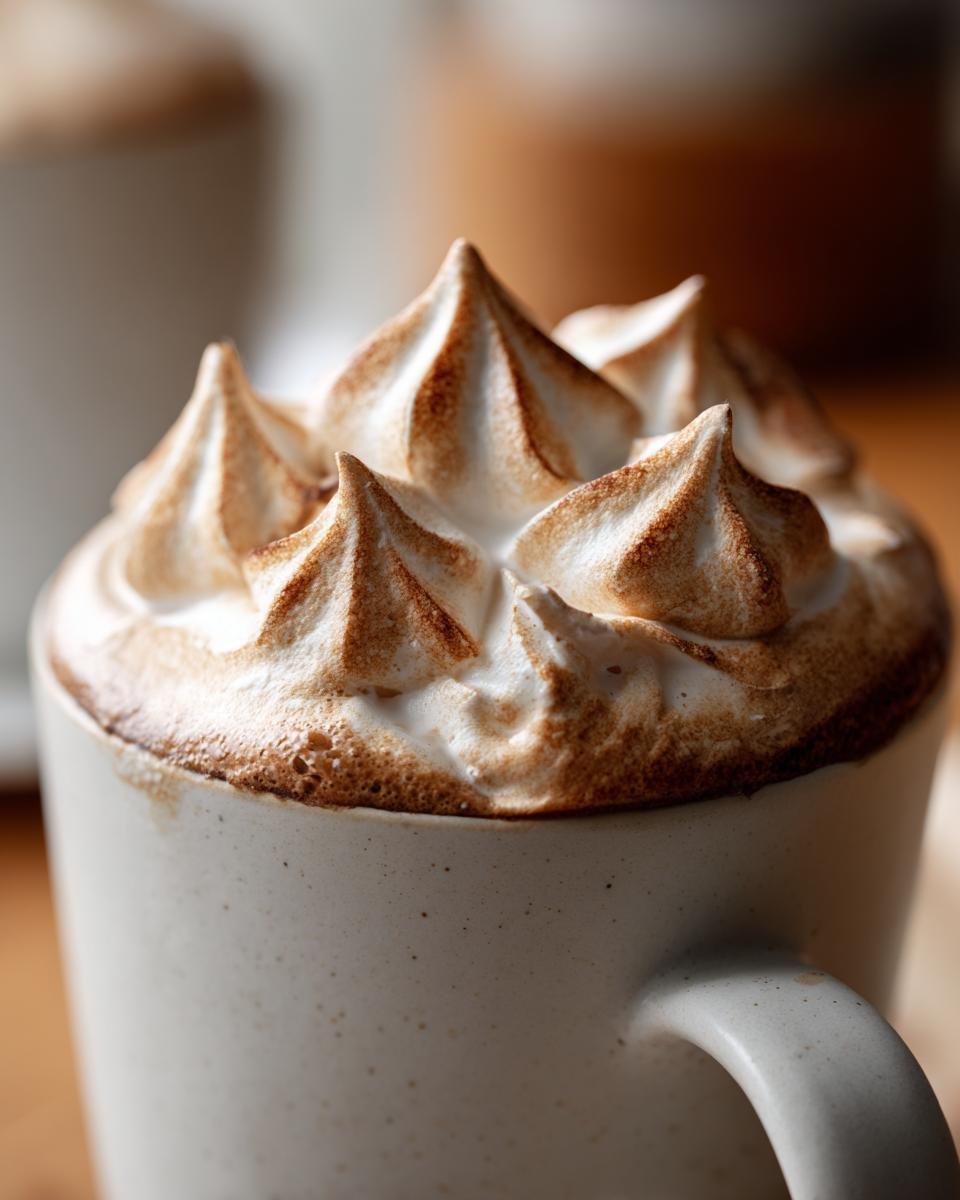 Close-up of torched peaks of Coffee Whipped Cream topping a beverage in a speckled white mug.