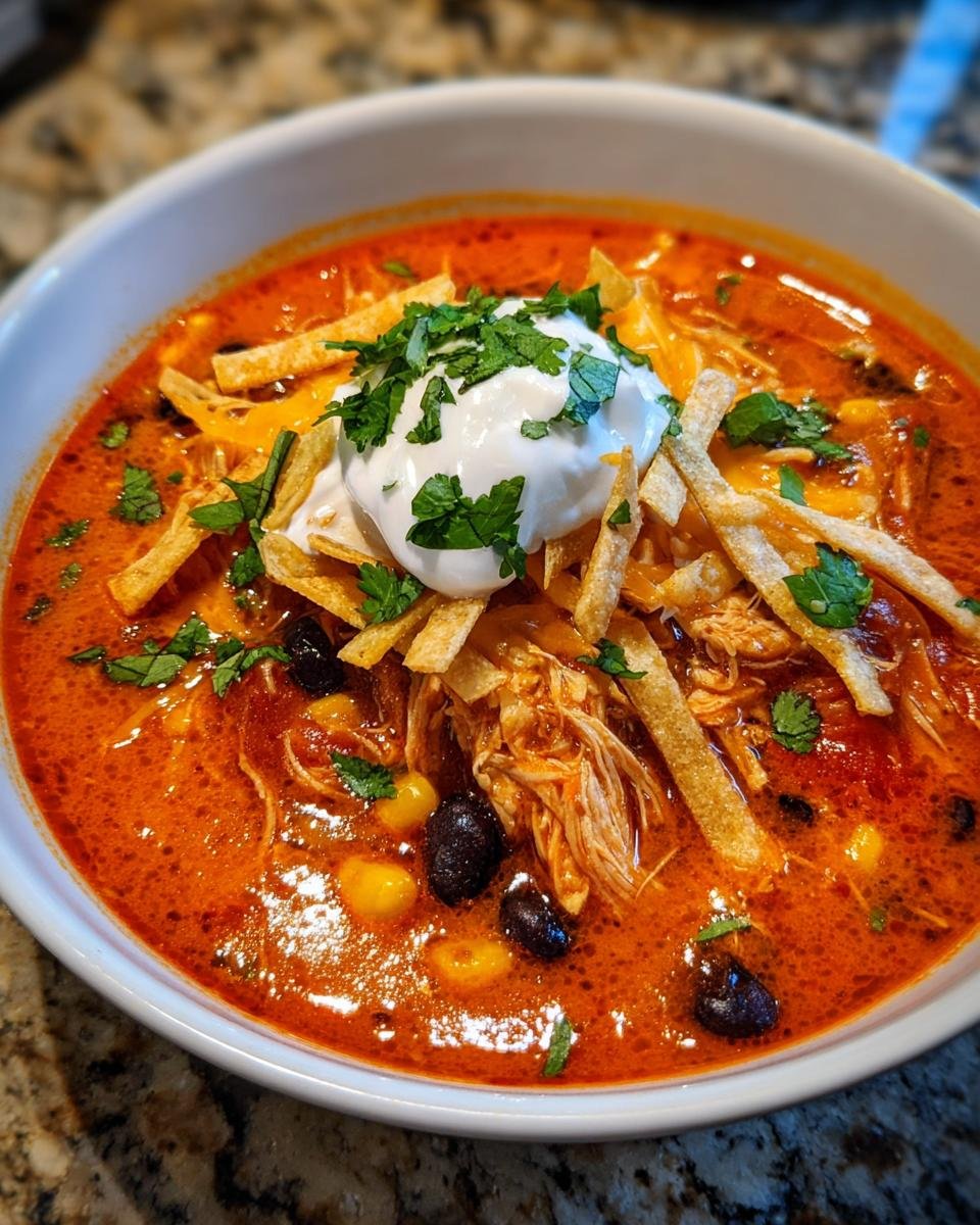 A close-up of a bowl of rich, red Trisha Yearwood Chicken Tortilla Soup topped with shredded chicken, black beans, tortilla strips, sour cream, and cilantro.