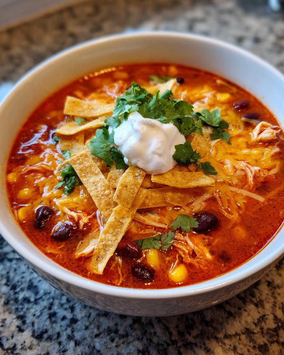 Close-up of a bowl of Trisha Yearwood Chicken Tortilla Soup topped with sour cream, cilantro, cheese, and tortilla strips.