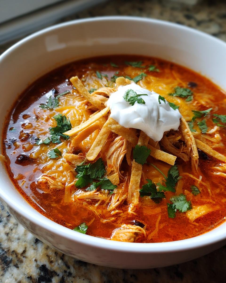 Close-up of a hearty bowl of Trisha Yearwood Chicken Tortilla Soup topped with shredded cheese, tortilla strips, and sour cream.