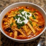 A close-up of a bowl of Trisha Yearwood Chicken Tortilla Soup topped with sour cream, cheese, and cilantro.