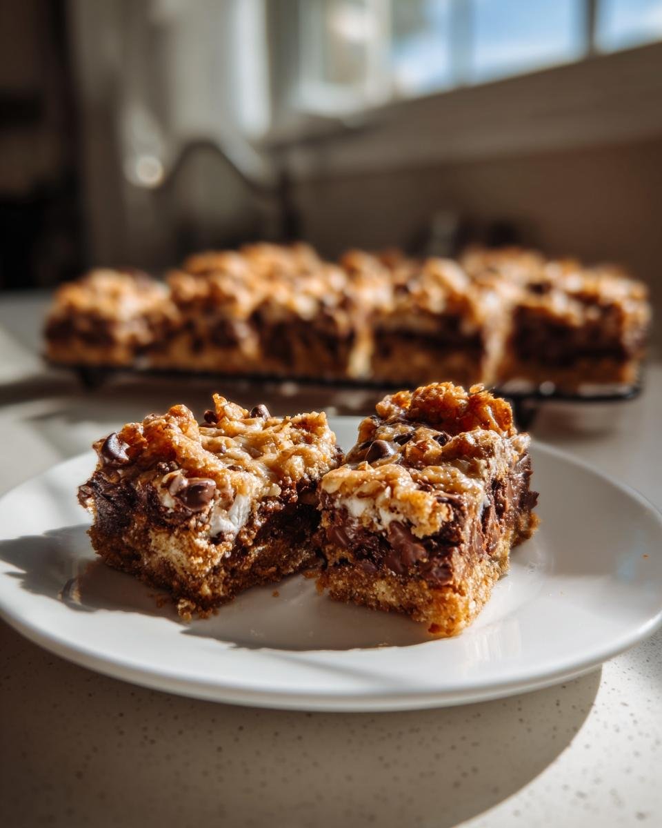Two rich, gooey squares of Seven Layer Bars showing chocolate chips and marshmallow on a white plate.