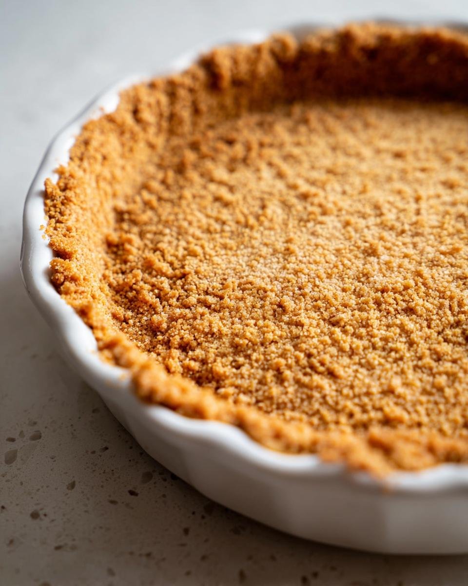 Close-up of a perfectly pressed, unbaked graham cracker desserts crust in a white fluted pie dish.