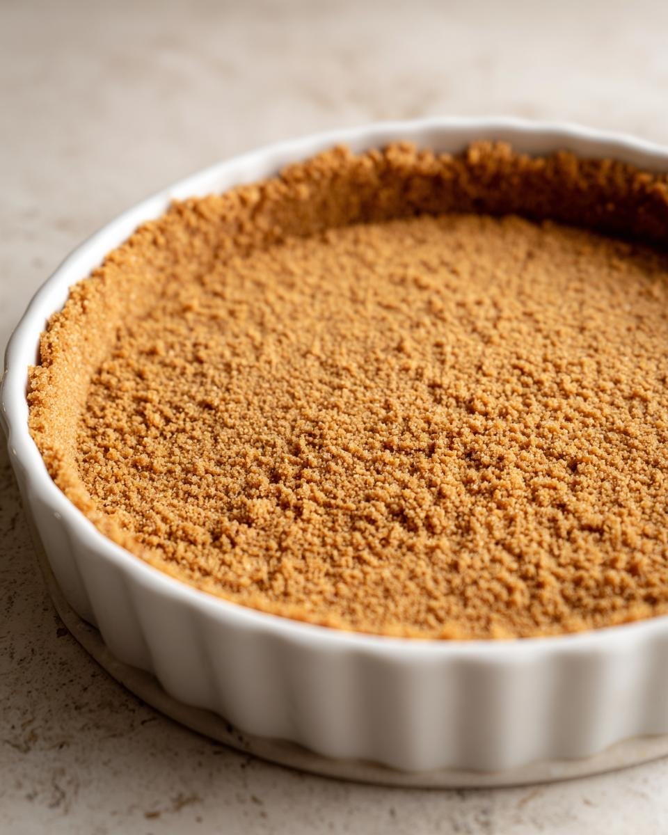 Close-up of a freshly pressed, unbaked graham cracker desserts crust filling a white, fluted pie dish.