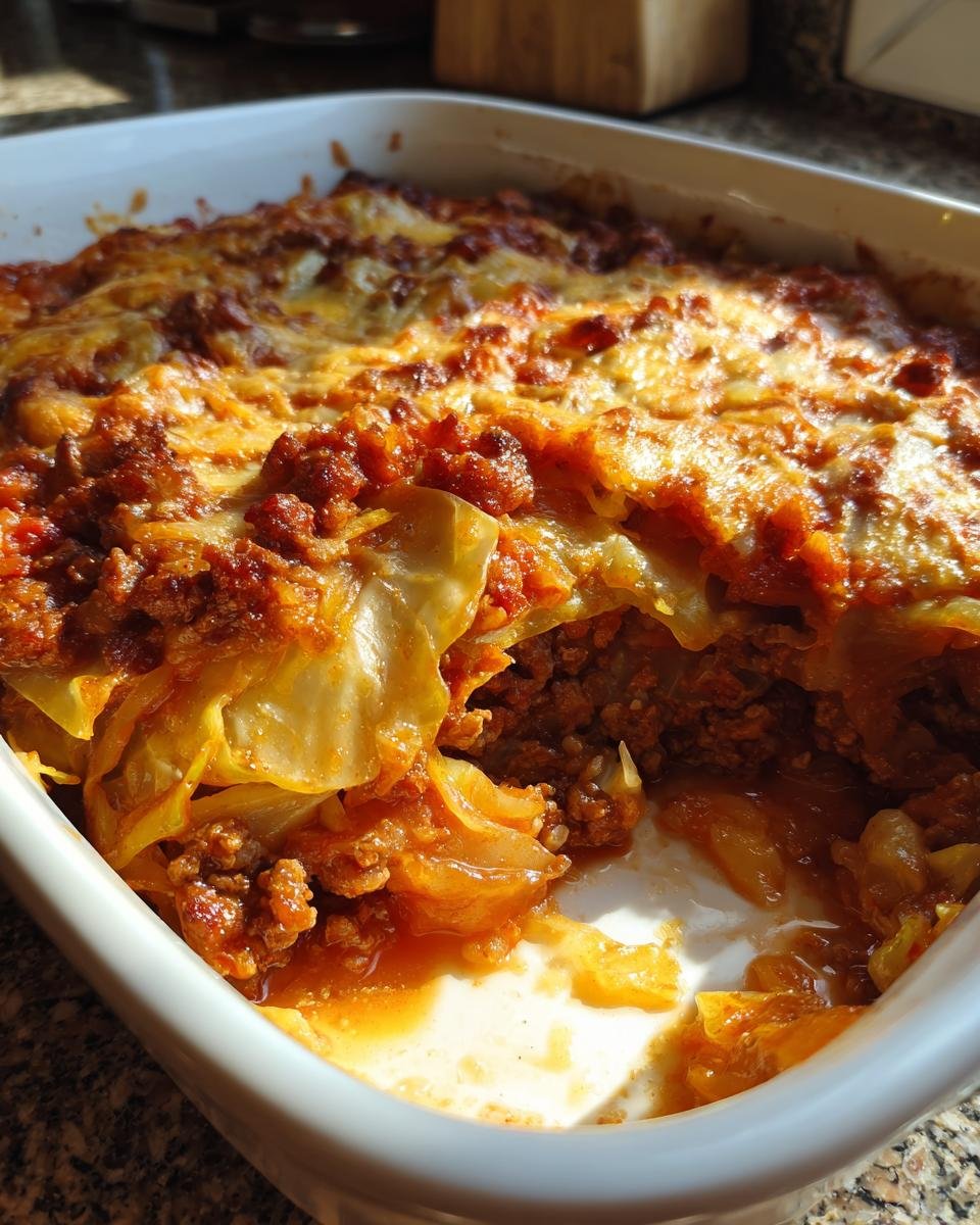 A scoop has been taken out of a baked Unstuffed Cabbage Rolls casserole topped with melted cheese.