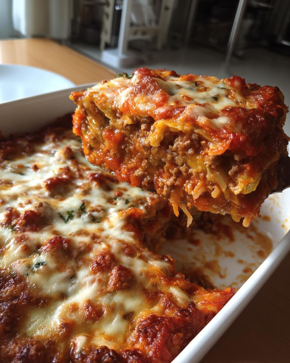 A serving spoon lifts a cheesy, saucy piece of Unstuffed Cabbage Rolls casserole from a white baking dish.