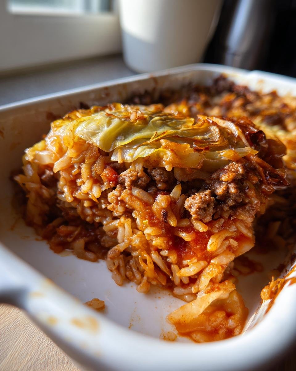 Close-up of a serving of Unstuffed Cabbage Rolls casserole showing layers of ground meat, rice, and tomato sauce, topped with cabbage.