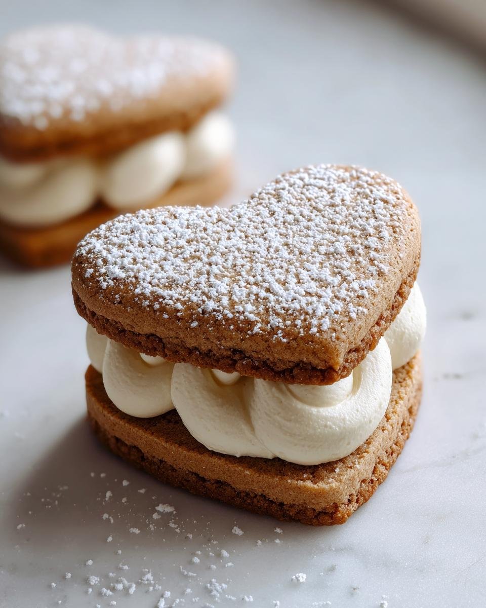 Close-up of a heart-shaped Valentines Day Sandwich Cookie filled with piped cream and dusted with powdered sugar.