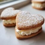 Close-up of heart-shaped Valentines Day Sandwich Cookies filled with cream and dusted with powdered sugar.
