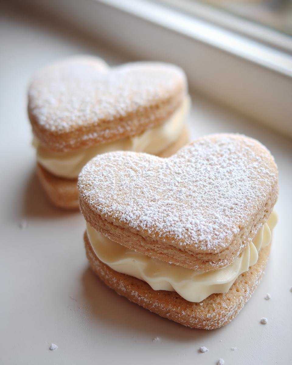 Two heart-shaped Valentines Day Sandwich Cookies filled with cream and dusted with powdered sugar.