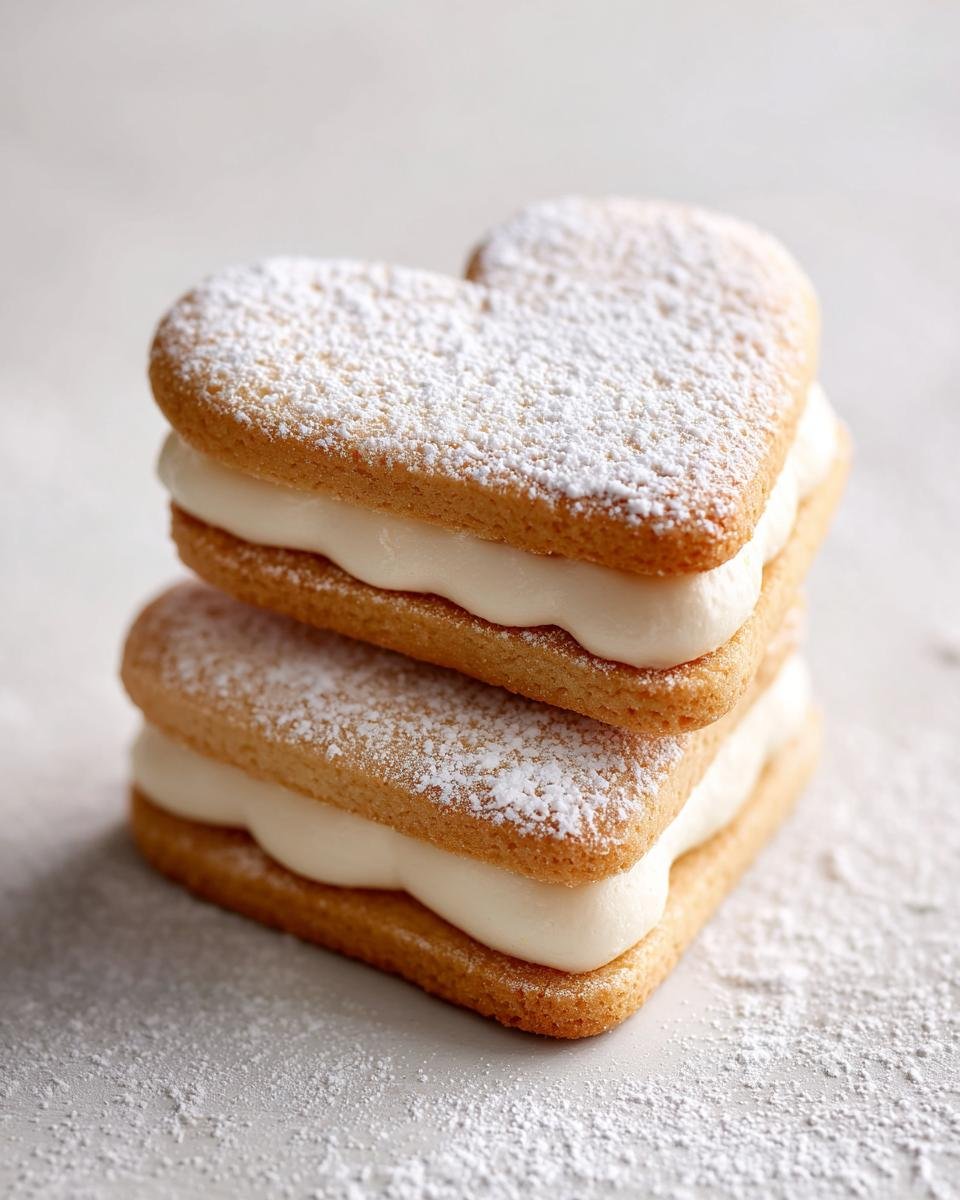 Two stacked heart-shaped Valentines Day Sandwich Cookies filled with white cream and dusted with powdered sugar.