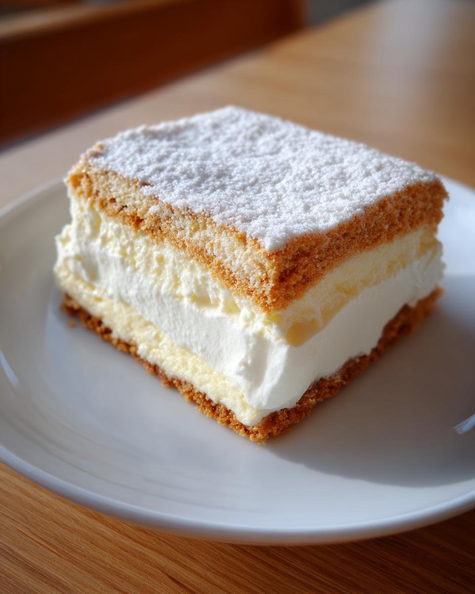 A square slice of rich Vanilla Wafer Cake featuring layers of cream filling and a dusting of powdered sugar.