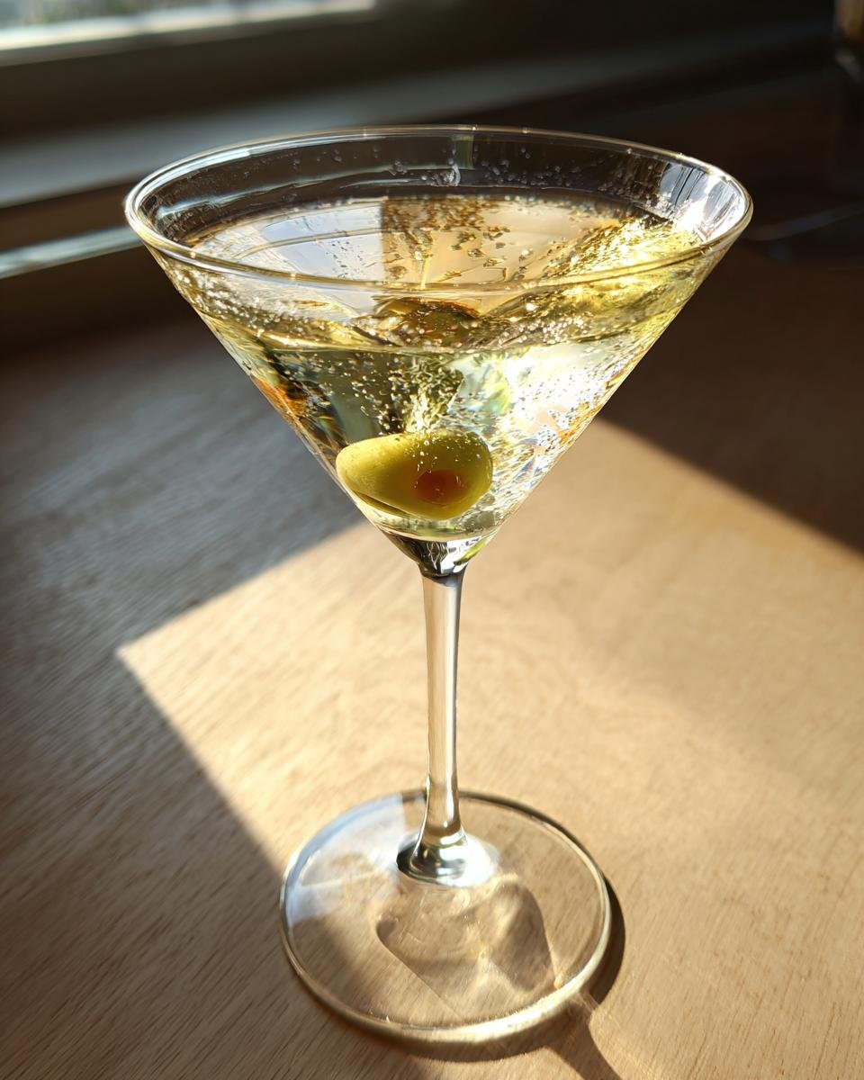 A clear, bubbly Vodka Cocktail served in a martini glass, garnished with a green olive.