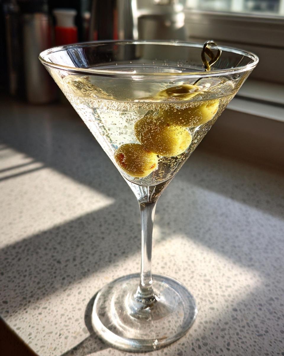 A clear Vodka Cocktail, likely a Martini, served in a chilled glass with three green olives on a pick.