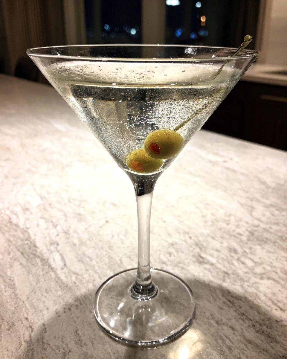 A clear, chilled Vodka Cocktails Martini garnished with two pimento-stuffed olives on a cocktail pick.