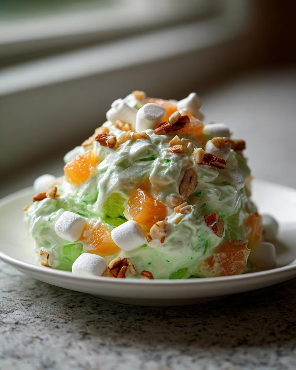 A mound of bright green Watergate Salad topped with mandarin oranges, mini marshmallows, and chopped pecans.