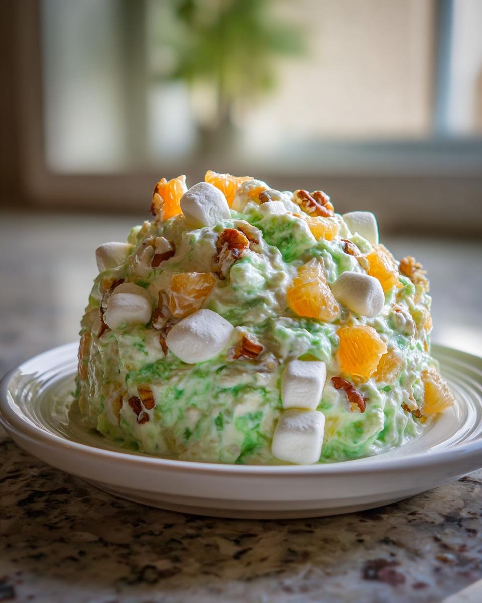 A mound of bright green Watergate Salad topped generously with mini marshmallows, mandarin oranges, and pecans.