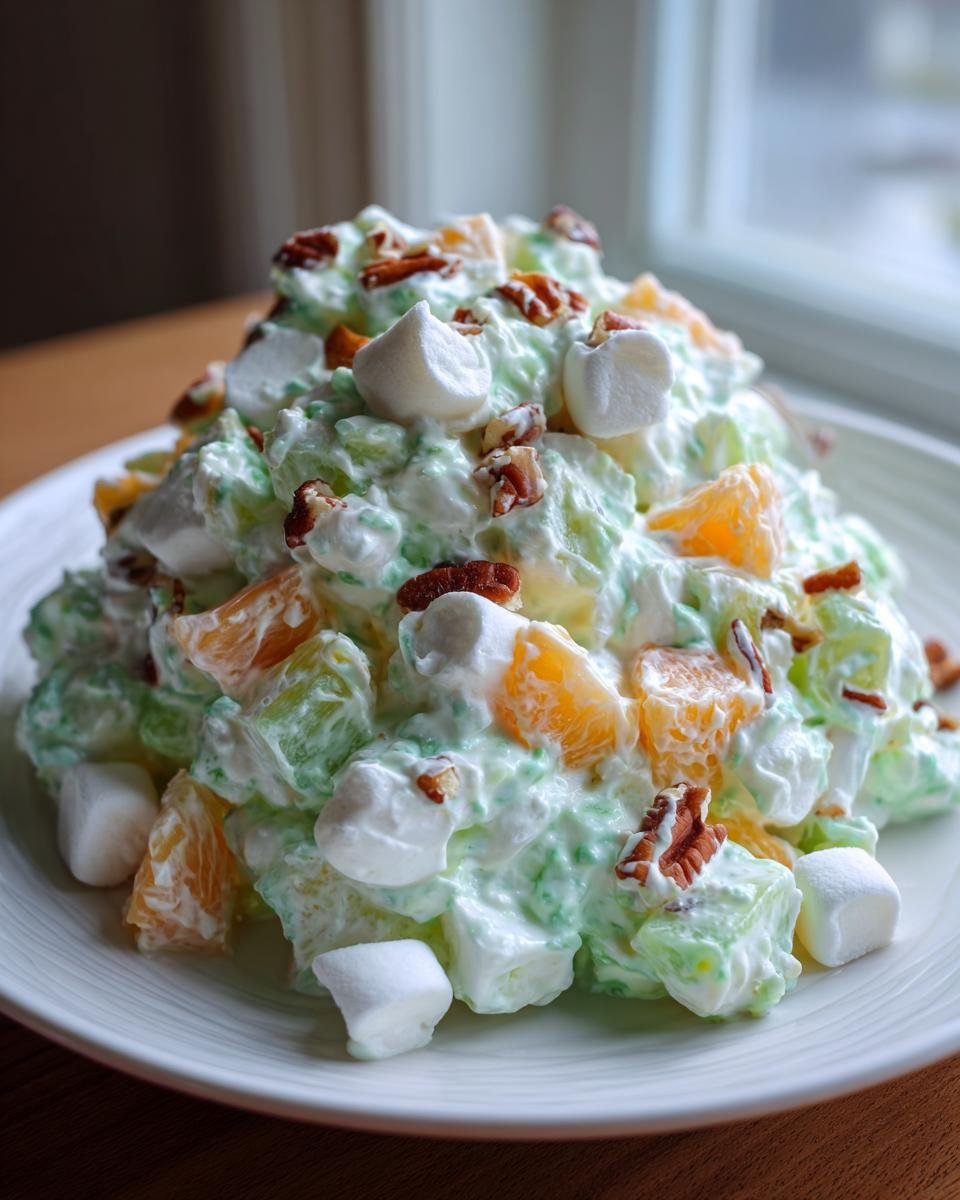 A mound of bright green Watergate Salad mixed with pineapple, mandarin oranges, marshmallows, and pecans on a white plate.