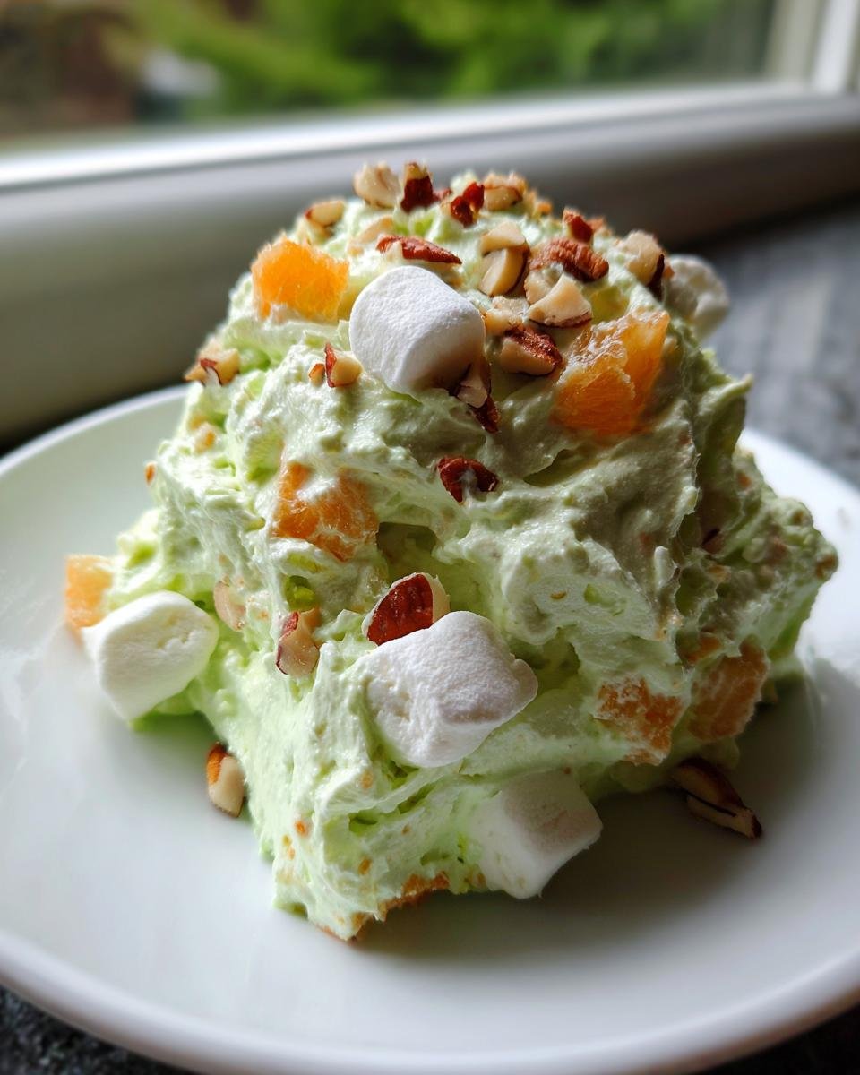 A scoop of creamy, light green Watergate Salad topped with mini marshmallows, pecans, and mandarin orange segments.
