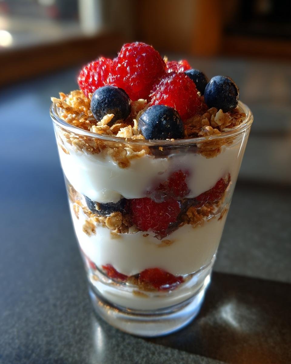 A layered yogurt parfait with granola, raspberries, and blueberries, perfect for Summer Breakfast Ideas.
