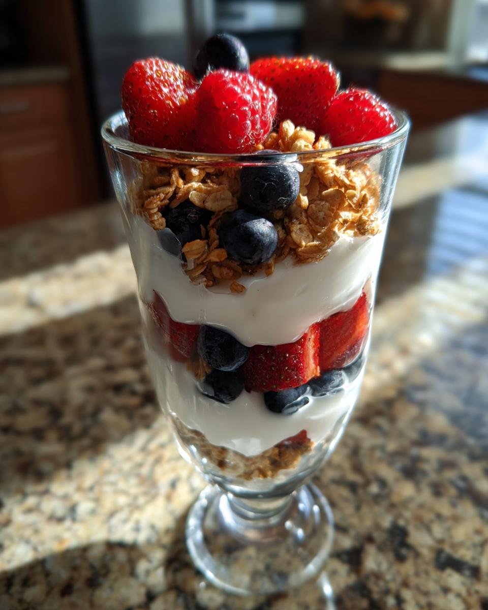 Close-up of a layered yogurt parfait with granola, strawberries, and blueberries, ideal for Summer Breakfast Ideas.