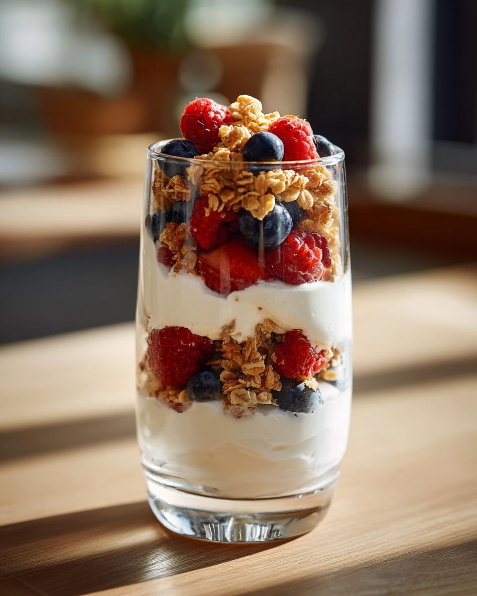 A tall glass filled with layers of yogurt, granola, raspberries, and blueberries, perfect for Summer Breakfast Ideas.