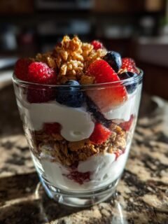 A layered yogurt parfait with granola, strawberries, and blueberries, perfect for Summer Breakfast Ideas.