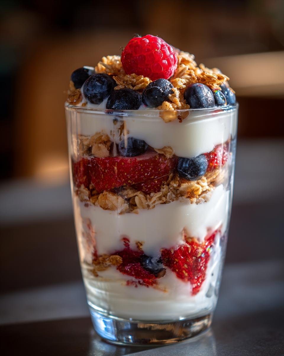 Layered yogurt parfait with granola, blueberries, strawberries, and a raspberry topping, perfect for summer breakfast ideas.