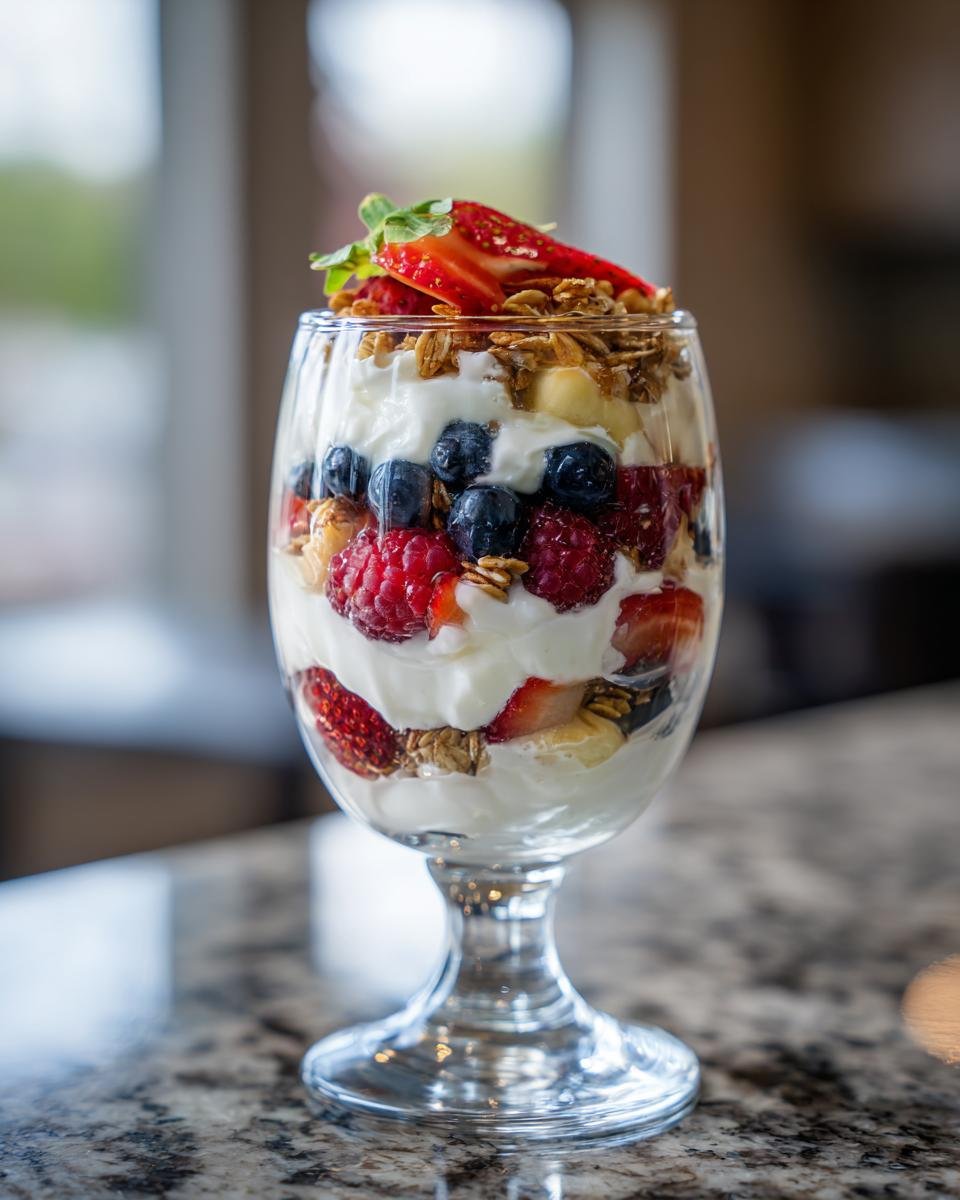 Close-up of colorful Yogurt Parfaits layered with yogurt, mixed berries, and granola in a stemmed glass.