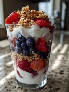 A tall glass filled with layers of yogurt, fresh blueberries, sliced strawberries, and crunchy granola, showcasing delicious Yogurt Parfaits.