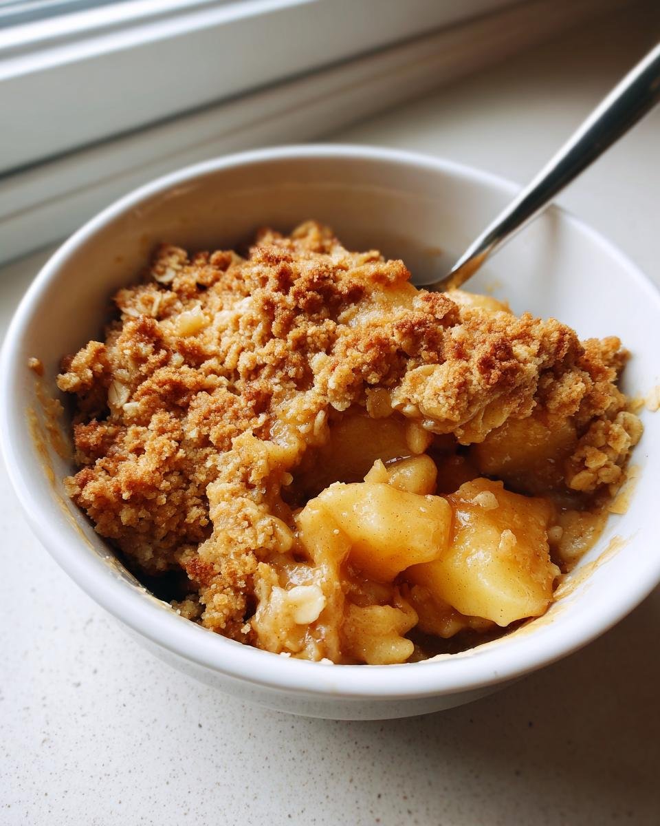 Close-up of a warm serving of Apple Crisp in a white bowl, showing baked apples and crumbly topping.