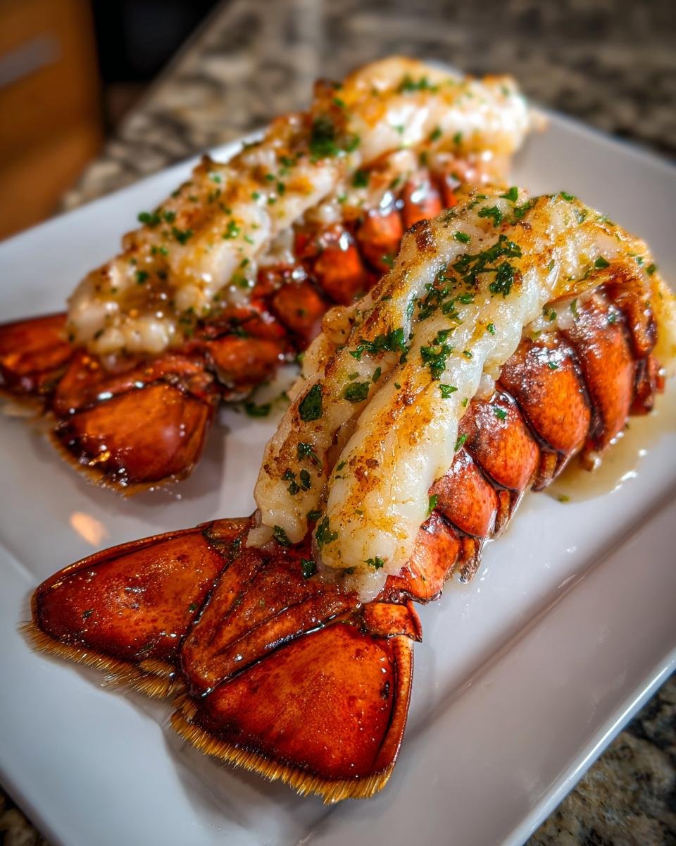 Two perfectly cooked broiled lobster tails, split and seasoned with herbs, resting on a white platter.