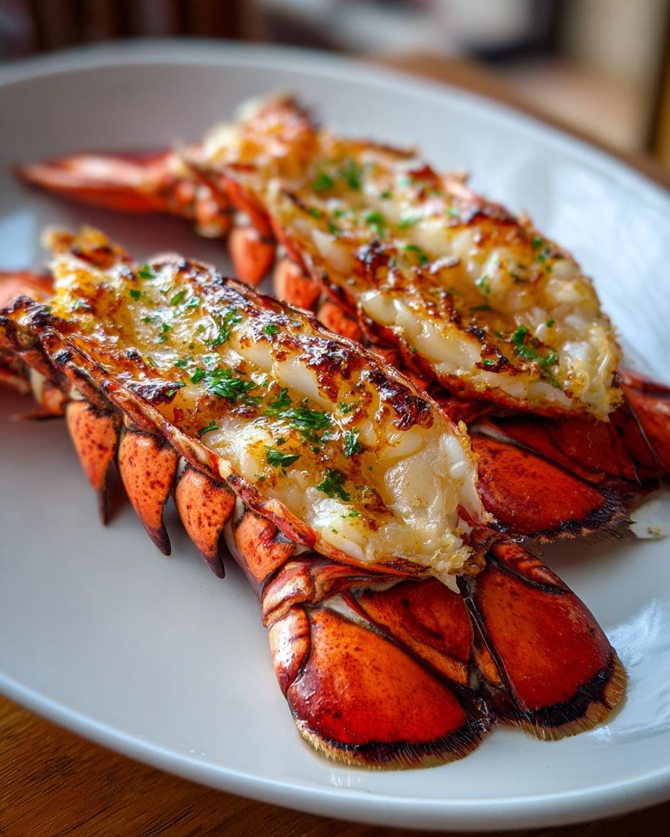 Two succulent lobster tails cooked via broiling, split open and topped with browned butter and fresh parsley.