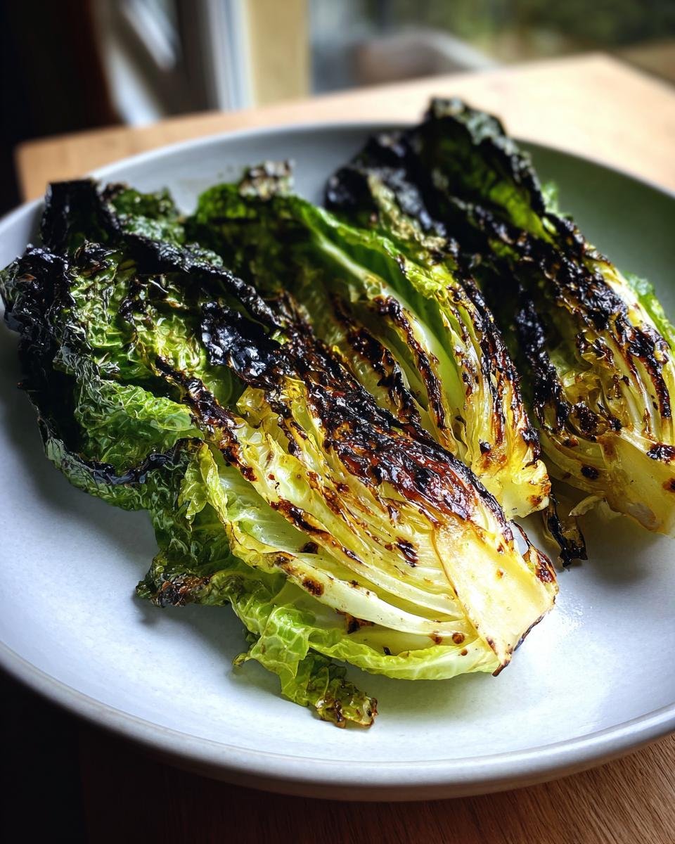 Three halves of charred cabbage showing dark grill marks and bright green leaves served on a light gray plate.