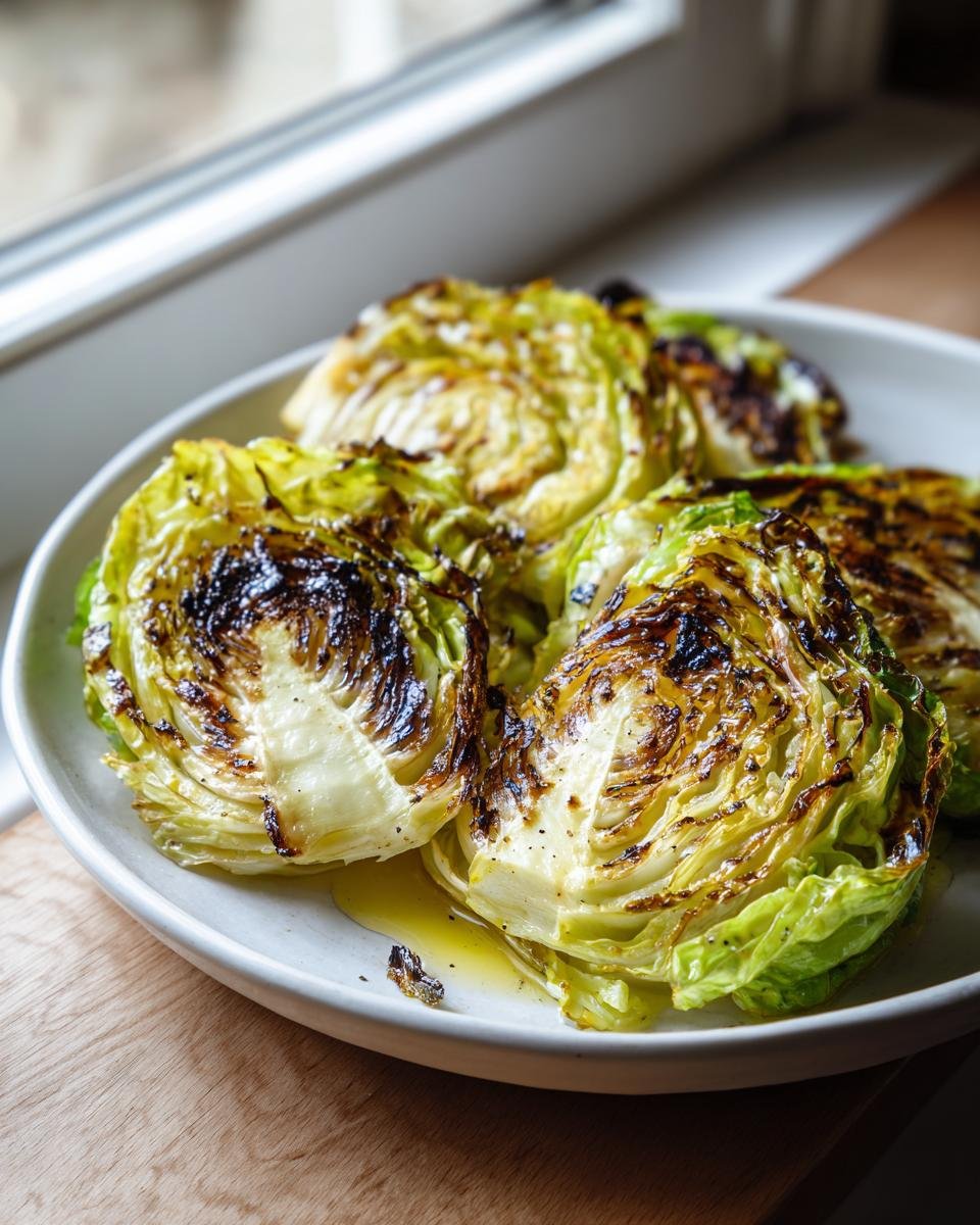 Four wedges of perfectly charred cabbage, glistening with oil, served on a white plate.