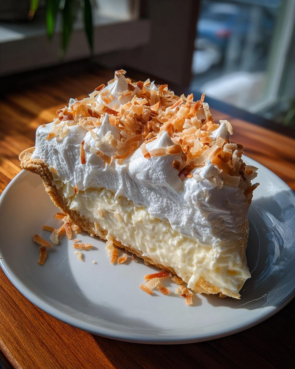 A tall slice of creamy Coconut Cream Pie topped with whipped cream and toasted coconut flakes.