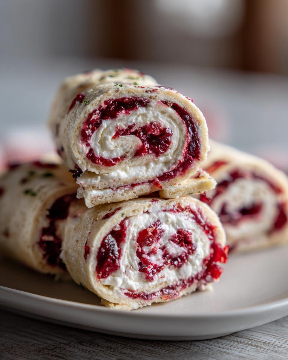 Close-up of two stacked slices of Cranberry Roll Ups showing the creamy white filling swirled with bright red cranberry mixture.