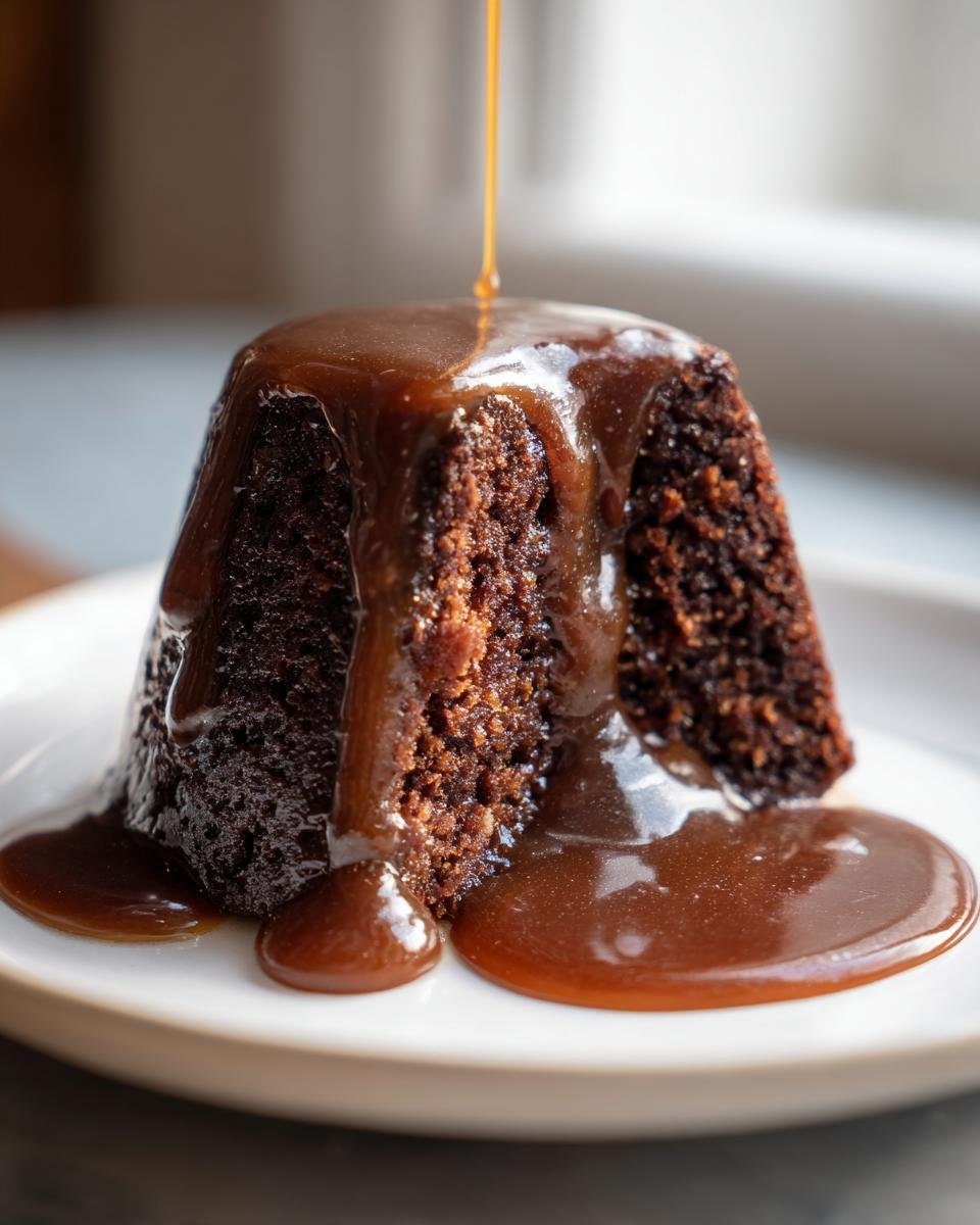 Close-up of a rich, dark Sticky Toffee Pudding being drenched in warm toffee sauce.