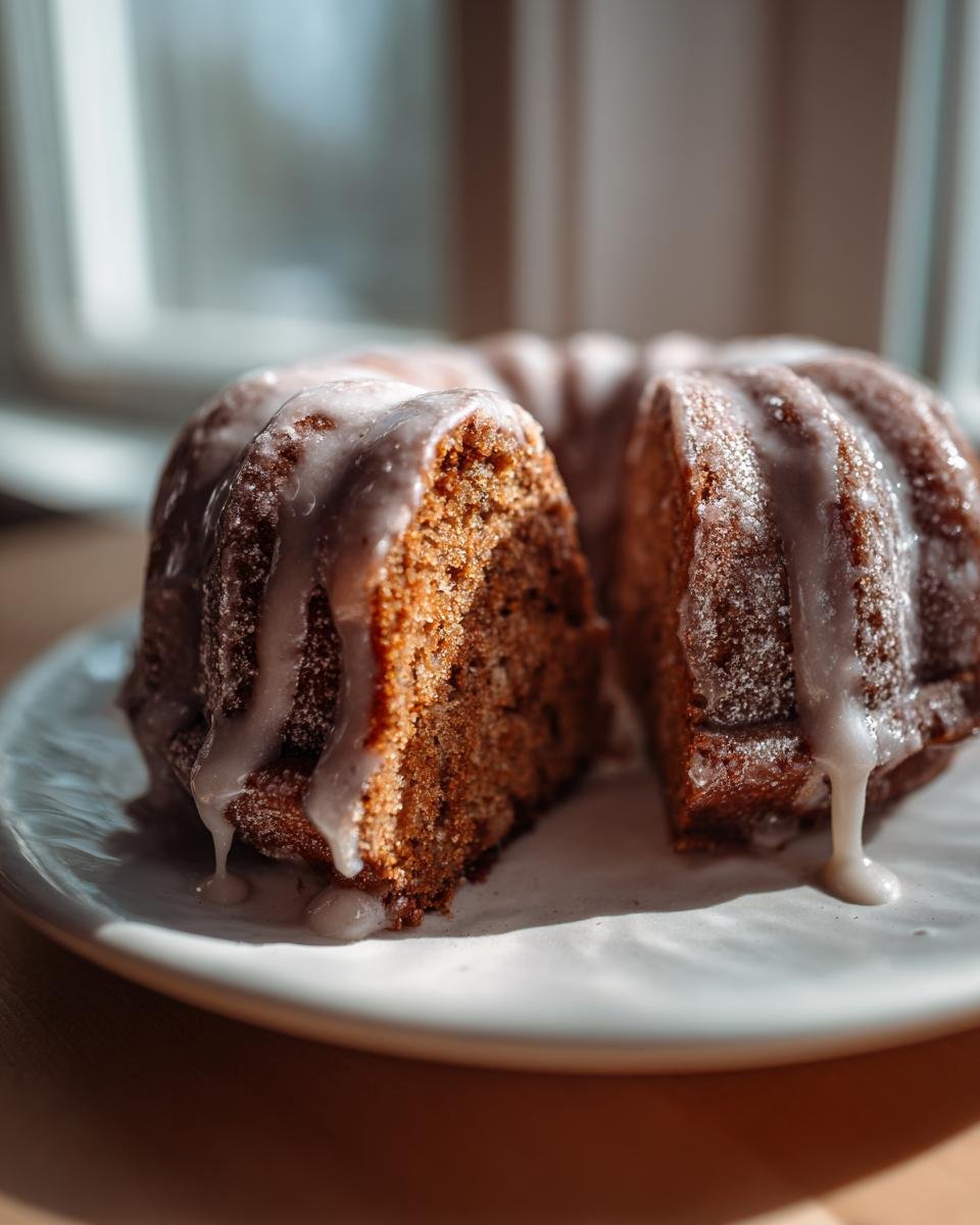 A rich, brown Apple Cider Donut Bundt Cake, cut in half, drizzled with white glaze and sitting on a white plate.