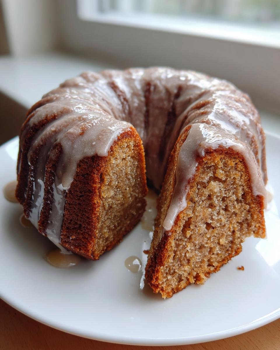 A moist Apple Cider Donut Bundt Cake, drizzled with glaze, with one slice cut out and resting on a white plate.