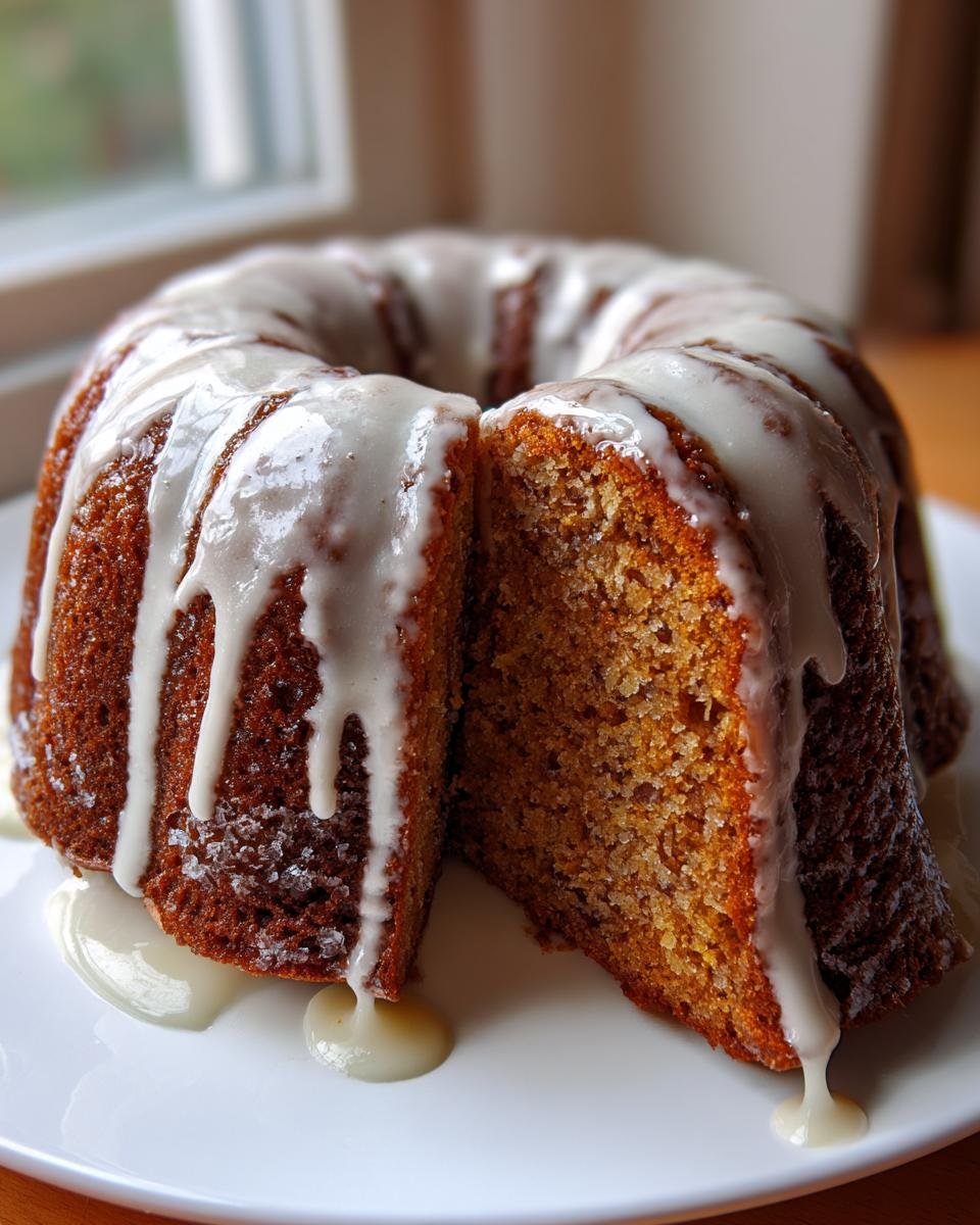 A slice cut from a rich Apple Cider Donut Bundt Cake covered in thick white glaze dripping onto a white plate.