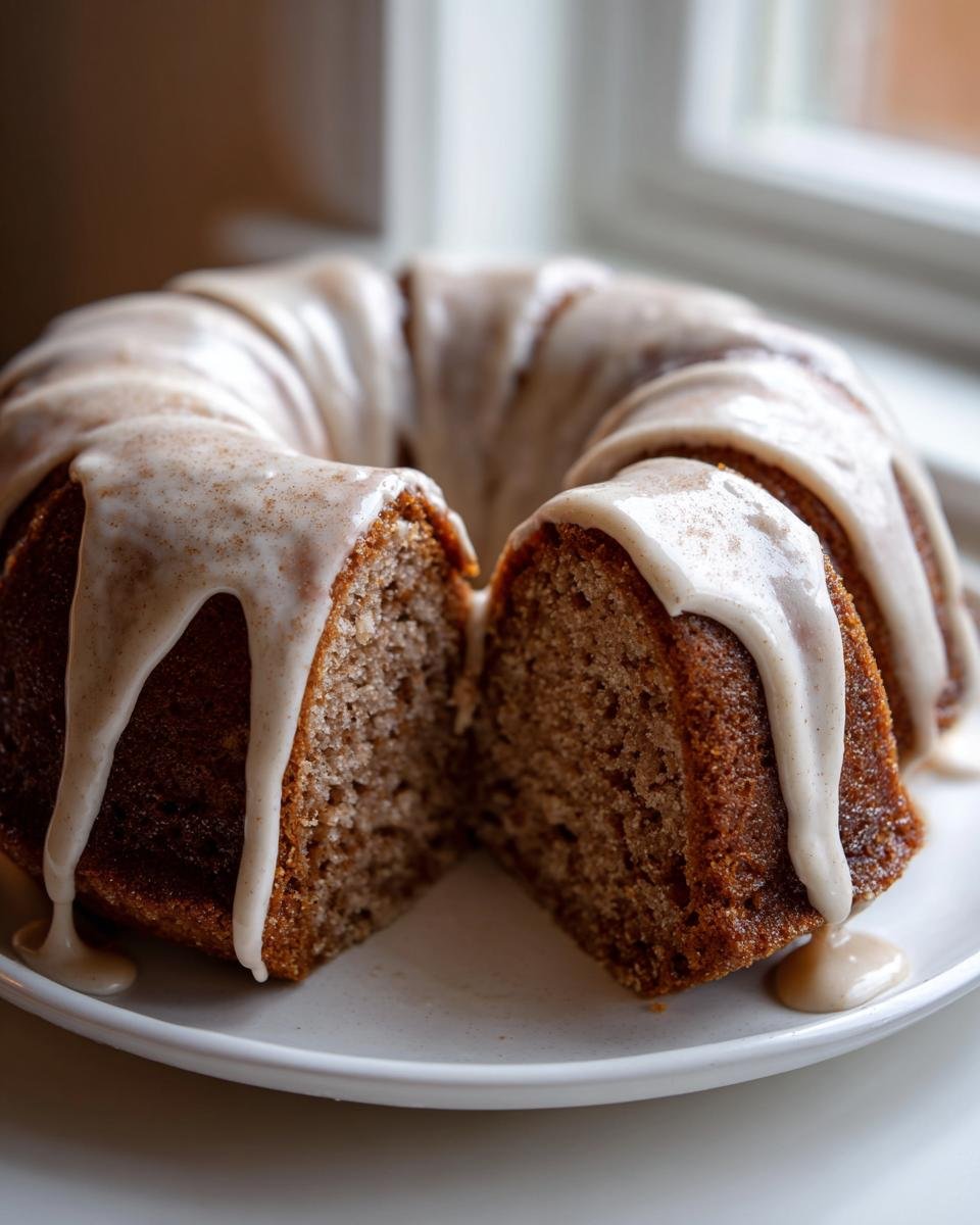 A sliced Apple Cider Donut Bundt Cake drizzled with a thick, spiced glaze on a white plate.