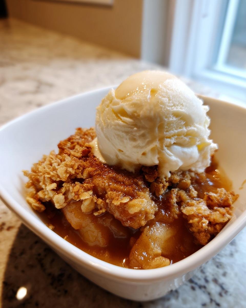 A warm serving of Apple Crisp topped with a melting scoop of vanilla ice cream in a white bowl.