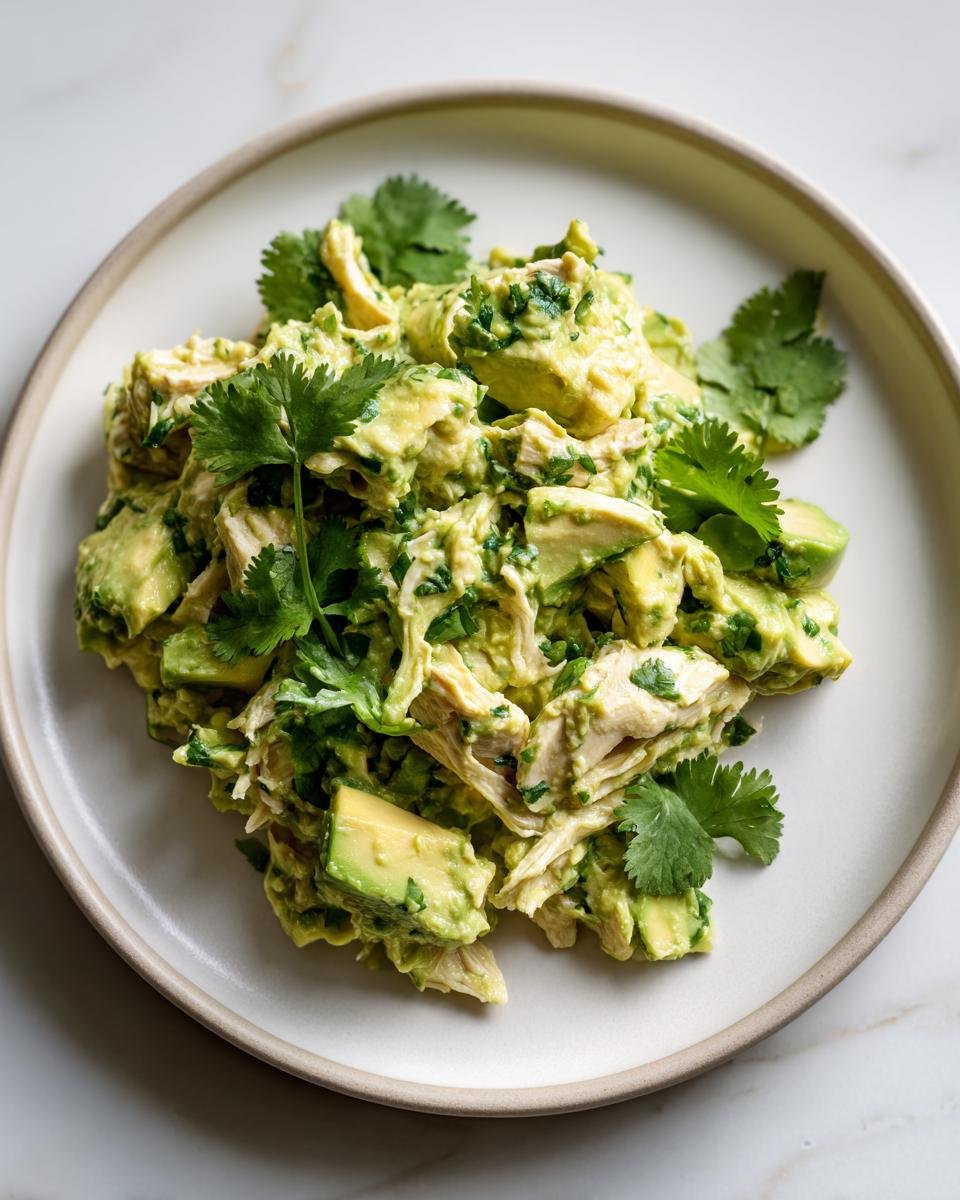 A serving of creamy Avocado Chicken Salad featuring chunks of avocado and shredded chicken, topped with fresh cilantro.