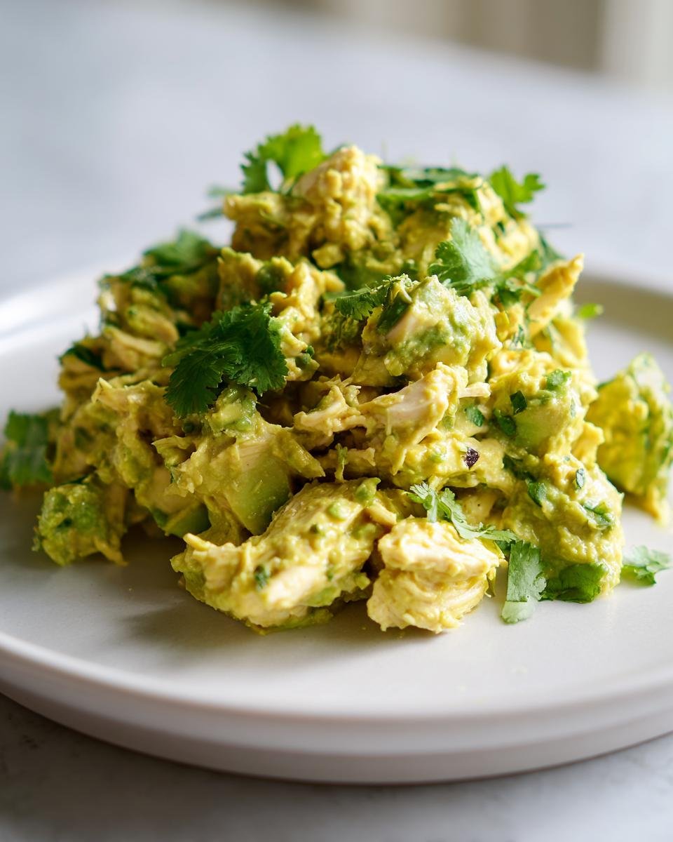 Close-up of a mound of bright green Avocado Chicken Salad topped with fresh cilantro leaves on a white plate.
