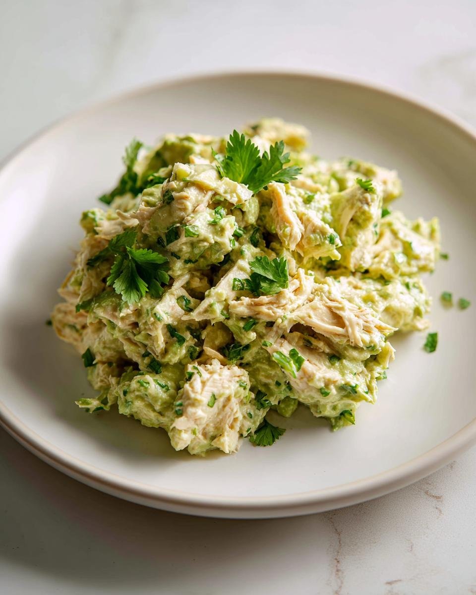 A mound of creamy Avocado Chicken Salad mixed with shredded chicken and garnished with fresh parsley on a light plate.