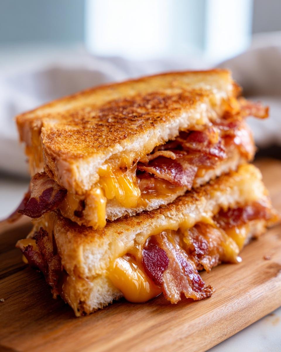 Close-up of a Bacon Grilled Cheese Sandwich cut in half, showing gooey melted cheese and crispy bacon.